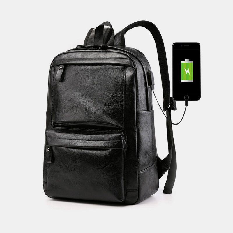 Heren Usb Opladen Kunstleer Zakelijke Retro Grote Capaciteit Waterdichte 15.6 Inch Laptoptas Rugzak