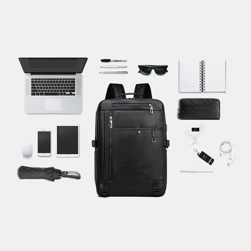 Heren Usb Opladen Multi-pocket Pu Lederen Rugzak Mode Toevallige Grote Capaciteit 15.6 Inch Laptoptas