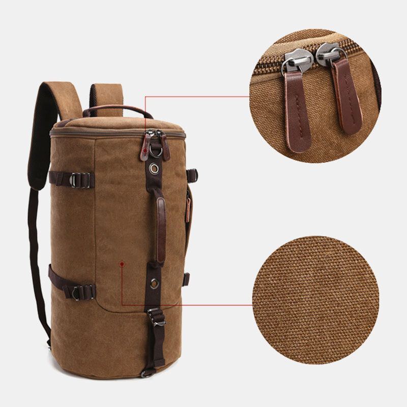 Heren Vintage Canvas Grote Capaciteit Multi-carry Effen Kleur Cilinder Casual Rugzak Crossbody Tas