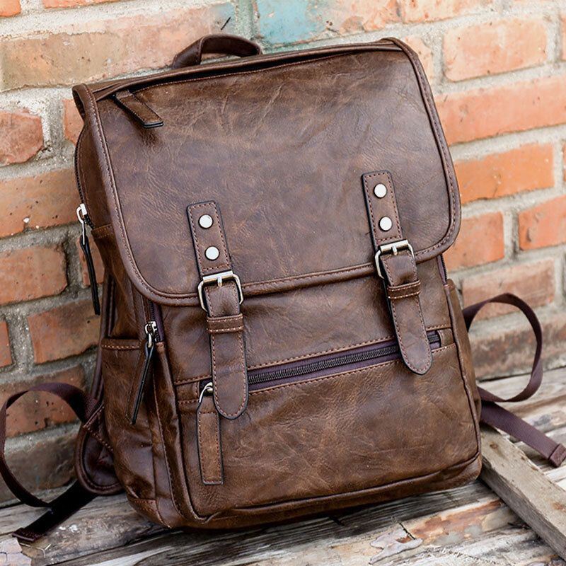 Heren Vintage Faux Leather Grote Capaciteit Multi-pocket Rugzak Reistas