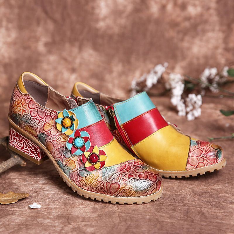 Bohemian Bloom Polychromatische Reliëf Bloem Splicing Bloemen Echte Lederen Pumps