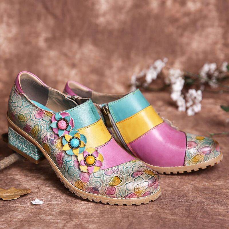 Bohemian Bloom Polychromatische Reliëf Bloem Splicing Bloemen Echte Lederen Pumps