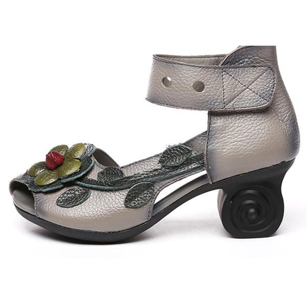 Dames Bloem Retro Echt Leer Handgemaakte Sandalen