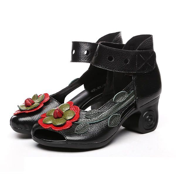 Dames Bloem Retro Echt Leer Handgemaakte Sandalen