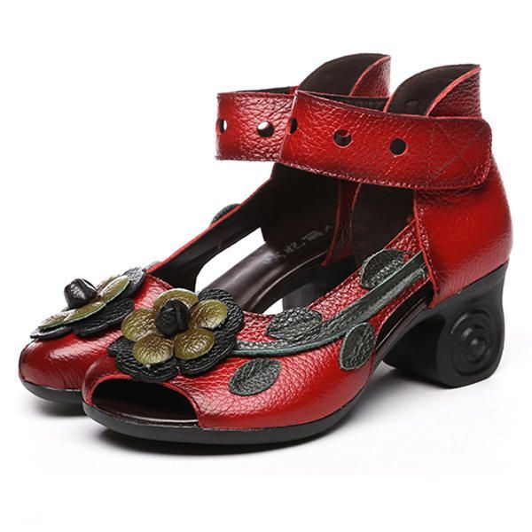 Dames Bloem Retro Echt Leer Handgemaakte Sandalen