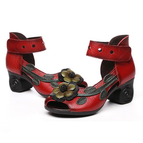 Dames Bloem Retro Echt Leer Handgemaakte Sandalen