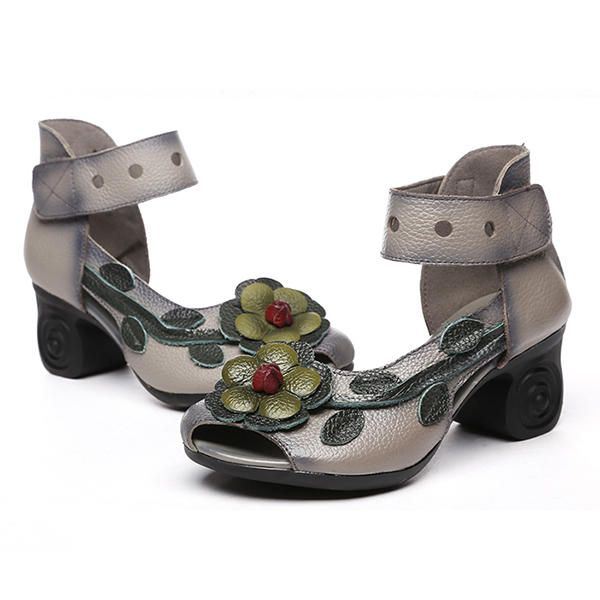 Dames Bloem Retro Echt Leer Handgemaakte Sandalen