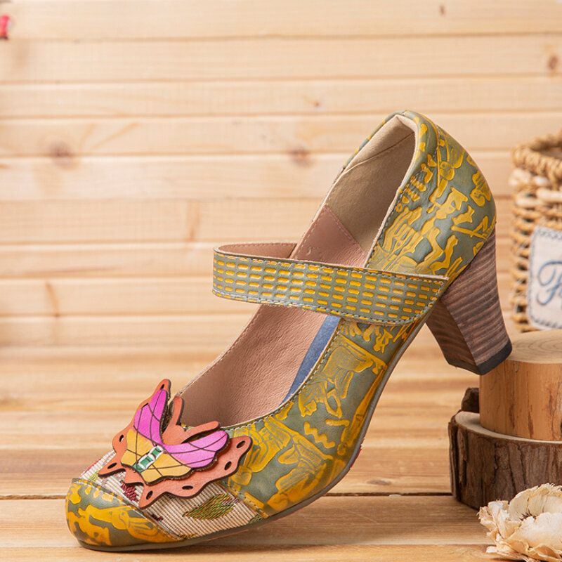 Dames Butterfly Deocr Bedrukte Rundleer Klittenband Comfortabele Draagbare Chunky Heel Pumps