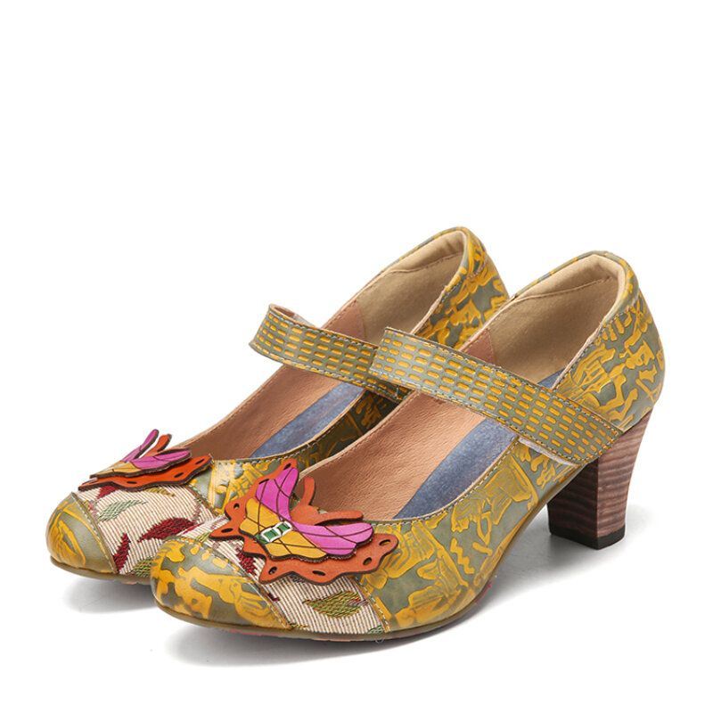 Dames Butterfly Deocr Bedrukte Rundleer Klittenband Comfortabele Draagbare Chunky Heel Pumps