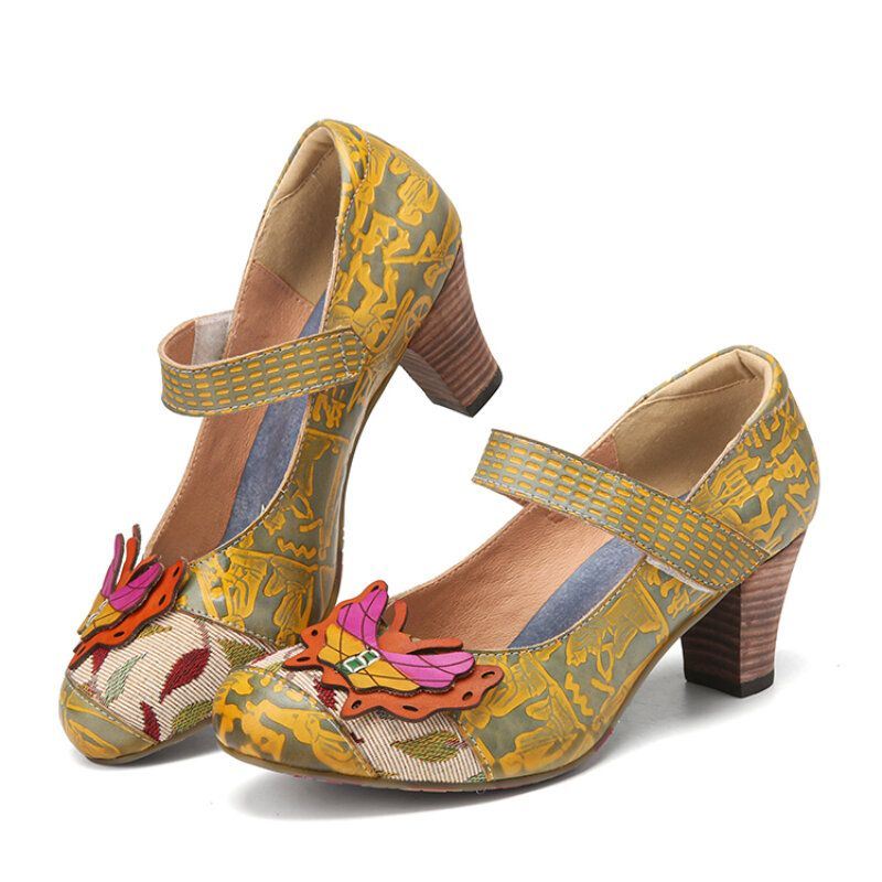 Dames Butterfly Deocr Bedrukte Rundleer Klittenband Comfortabele Draagbare Chunky Heel Pumps