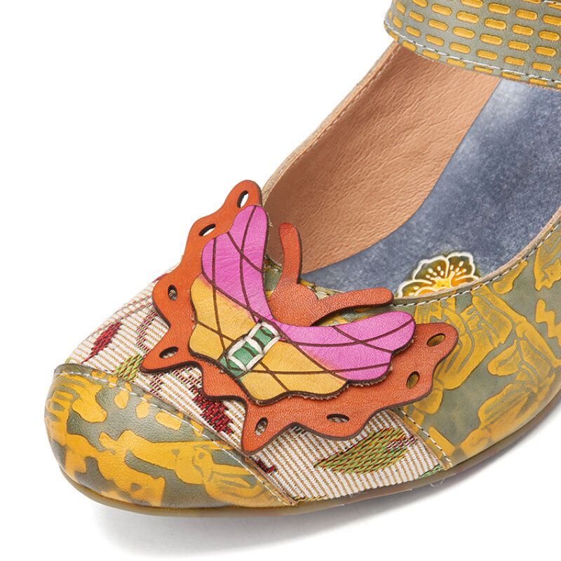 Dames Butterfly Deocr Bedrukte Rundleer Klittenband Comfortabele Draagbare Chunky Heel Pumps