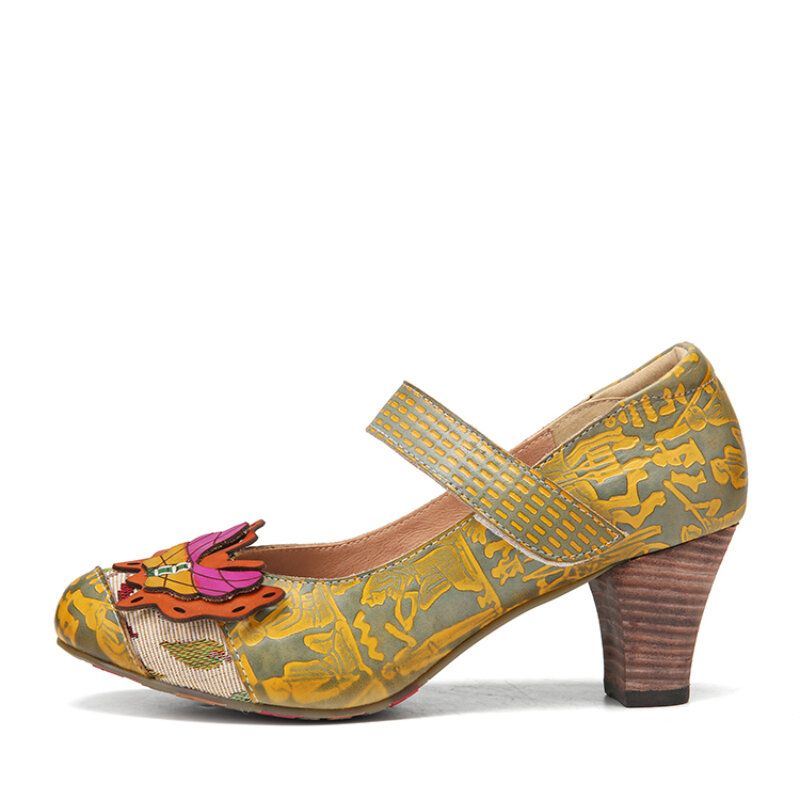 Dames Butterfly Deocr Bedrukte Rundleer Klittenband Comfortabele Draagbare Chunky Heel Pumps