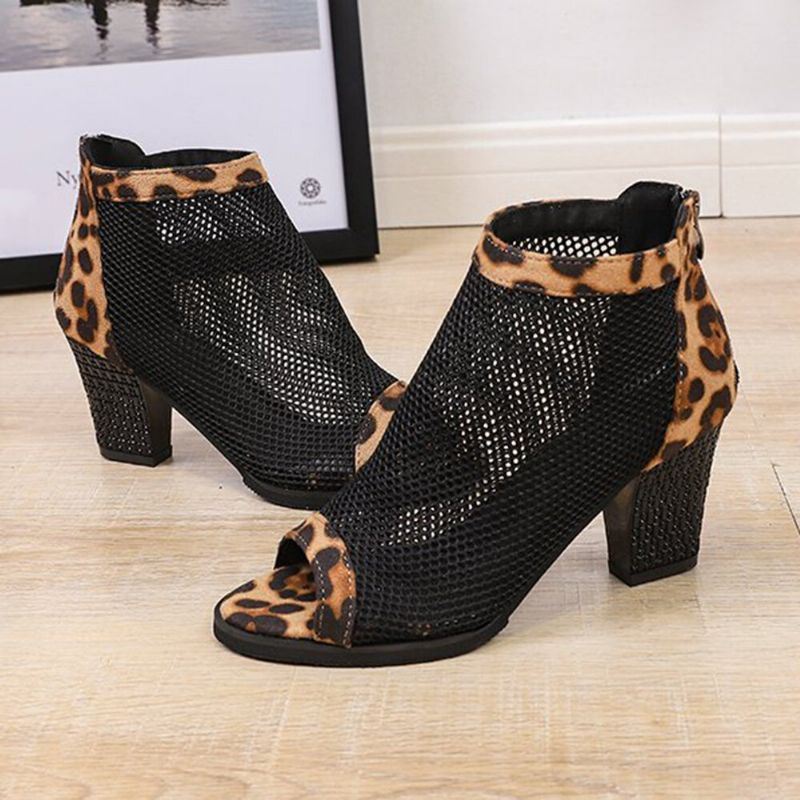 Dames Casual Mesh Ademende Chunky Hak Hollow Out Peep-toe Pumps Schoenen