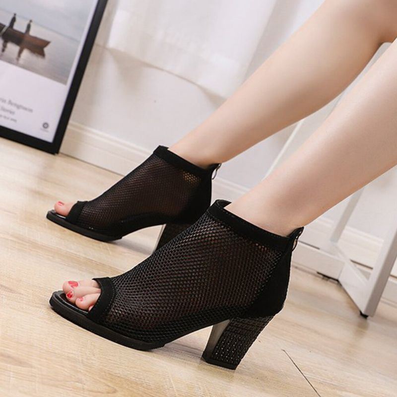 Dames Casual Mesh Ademende Chunky Hak Hollow Out Peep-toe Pumps Schoenen