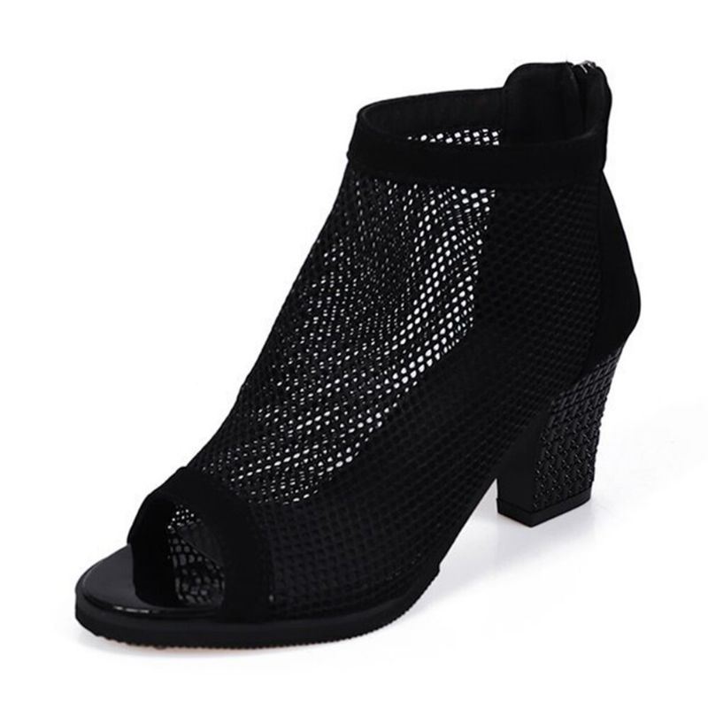 Dames Casual Mesh Ademende Chunky Hak Hollow Out Peep-toe Pumps Schoenen