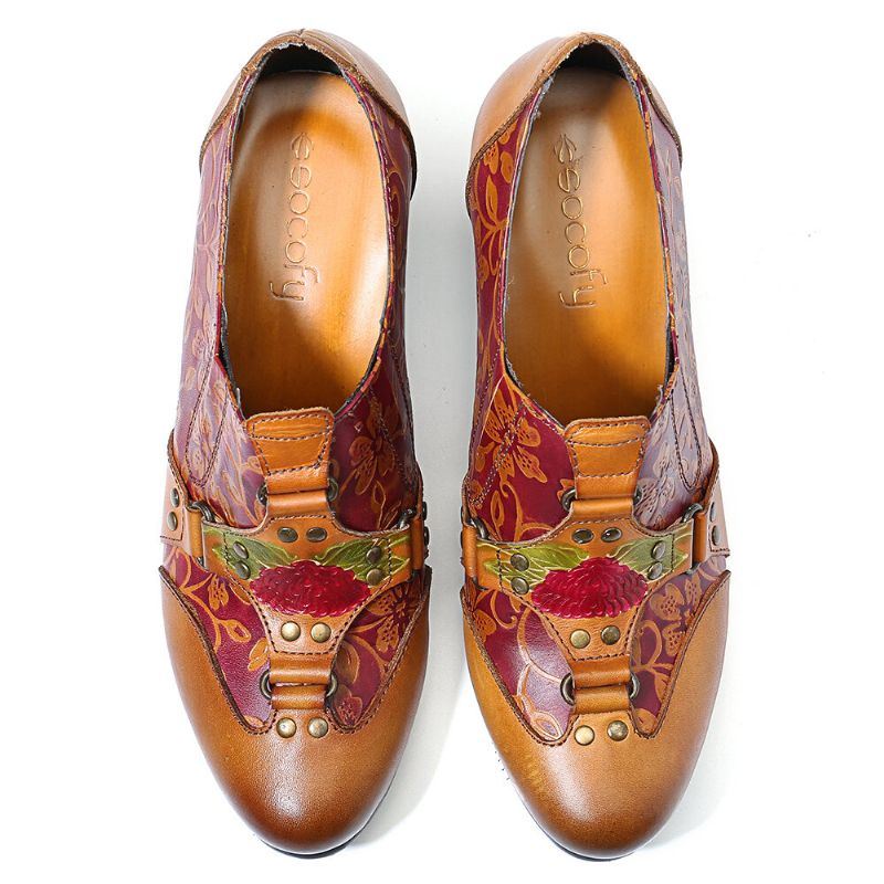 Dames Cowgirl Handgeschilderde Retro Bloemen Patroon Klinknagel Echt Leer Lage Hak Slip On Pumps