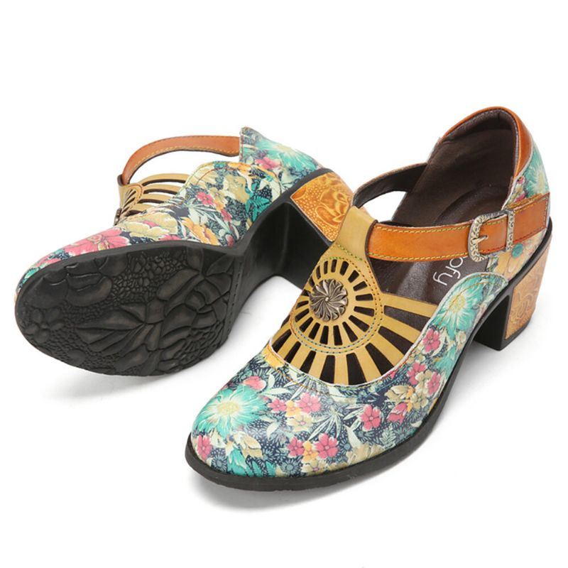 Dames Echt Lederen Retro Bloemen Klittenband Comfortabele T-strap Hakken