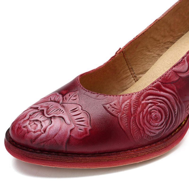 Dames Echt Leer Handgemaakte Bloemen Patroon Zachte Pumps