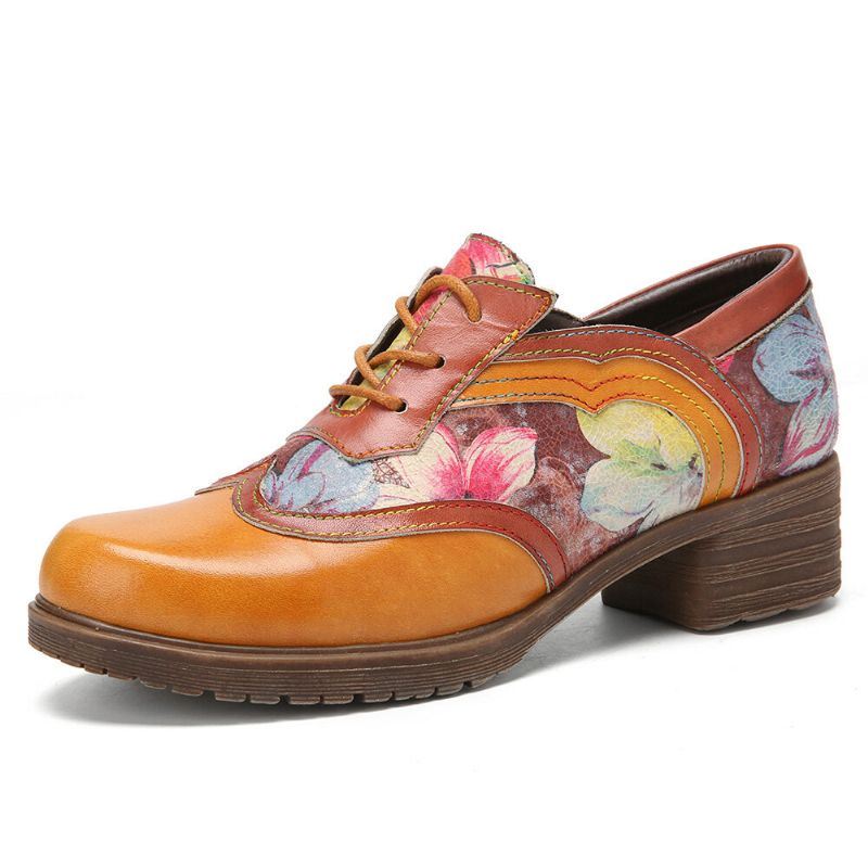 Dames Echt Leer Retro Bloemen Veterschoenen Comfortabele Ronde Neus Oxford Hakken