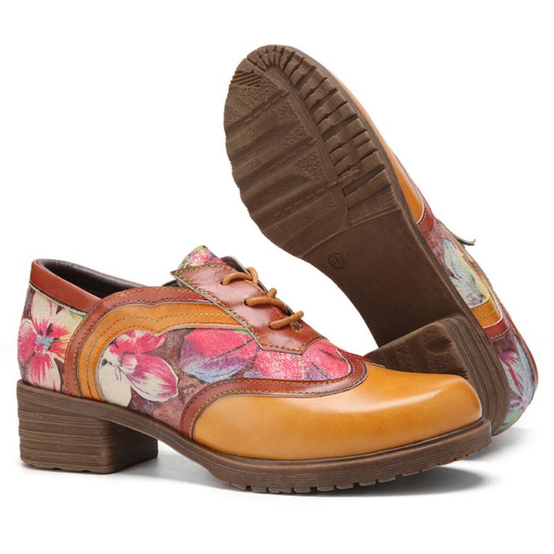 Dames Echt Leer Retro Bloemen Veterschoenen Comfortabele Ronde Neus Oxford Hakken