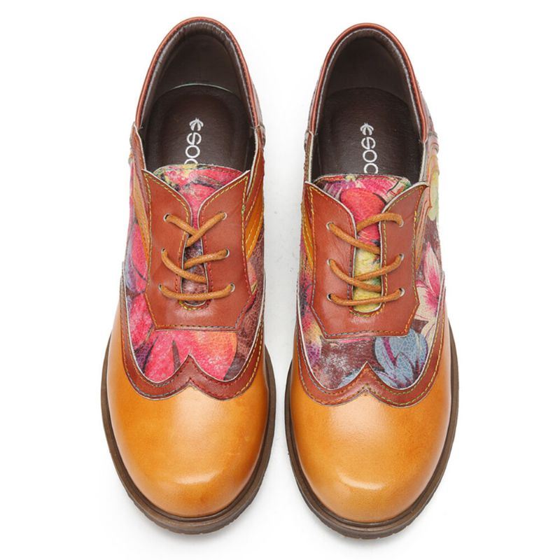 Dames Echt Leer Retro Bloemen Veterschoenen Comfortabele Ronde Neus Oxford Hakken