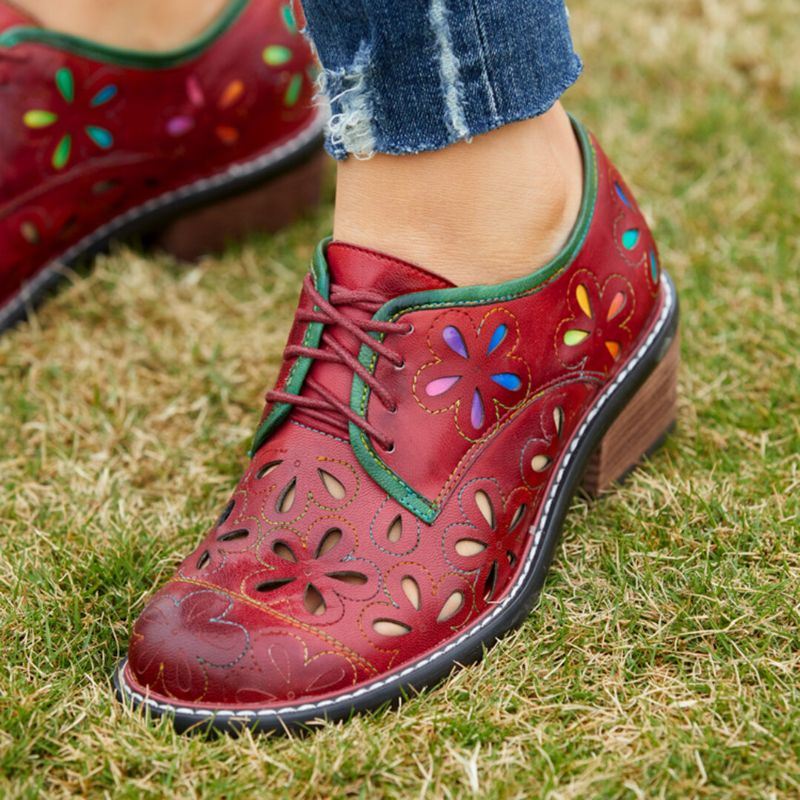 Dames Echt Leer Retro Comfortabel Ademend Hollow Lace-up Lage Hak Oxfords Schoenen