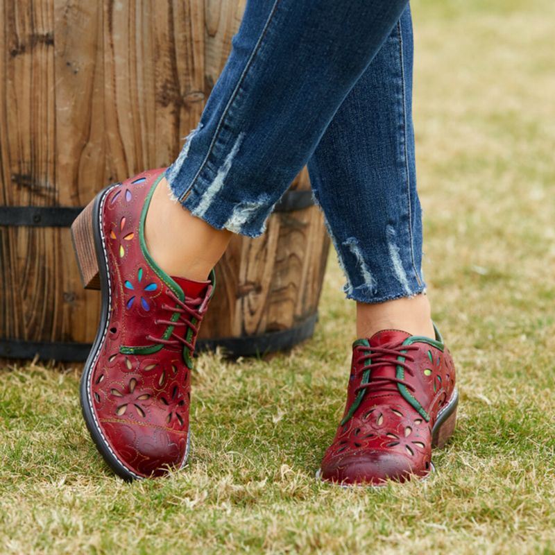 Dames Echt Leer Retro Comfortabel Ademend Hollow Lace-up Lage Hak Oxfords Schoenen