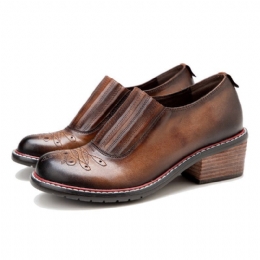 Dames Echt Leer Retro Comfortabele Elastische Slip-on Ronde Neus Lage Hak Loafers Schoenen