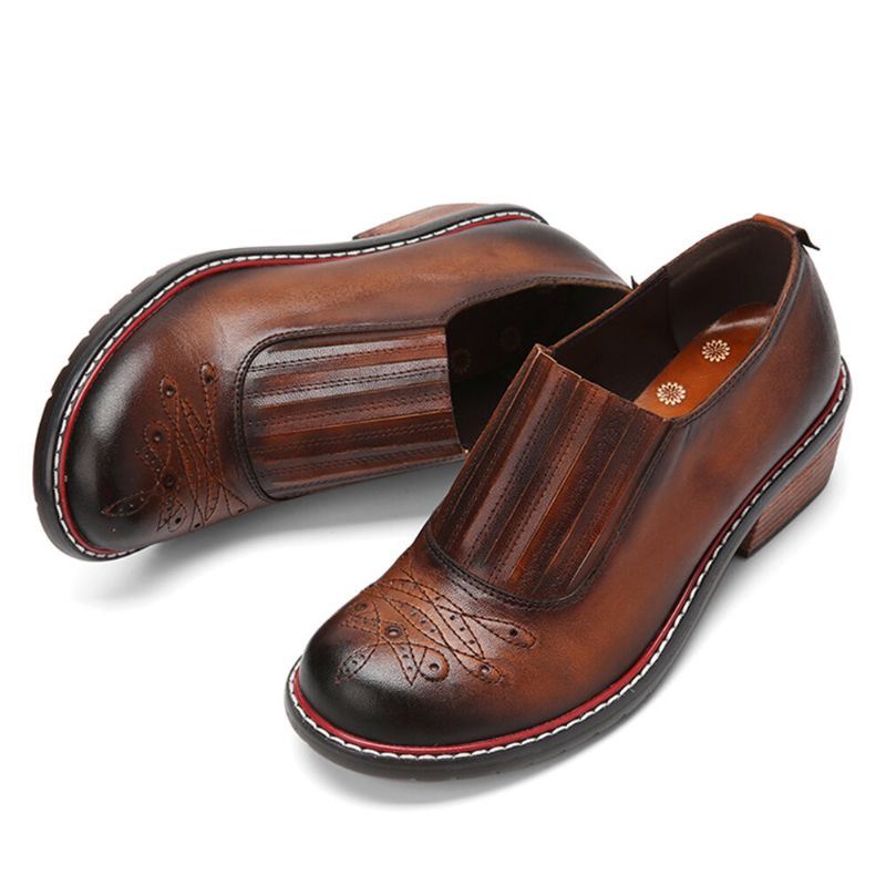 Dames Echt Leer Retro Comfortabele Elastische Slip-on Ronde Neus Lage Hak Loafers Schoenen