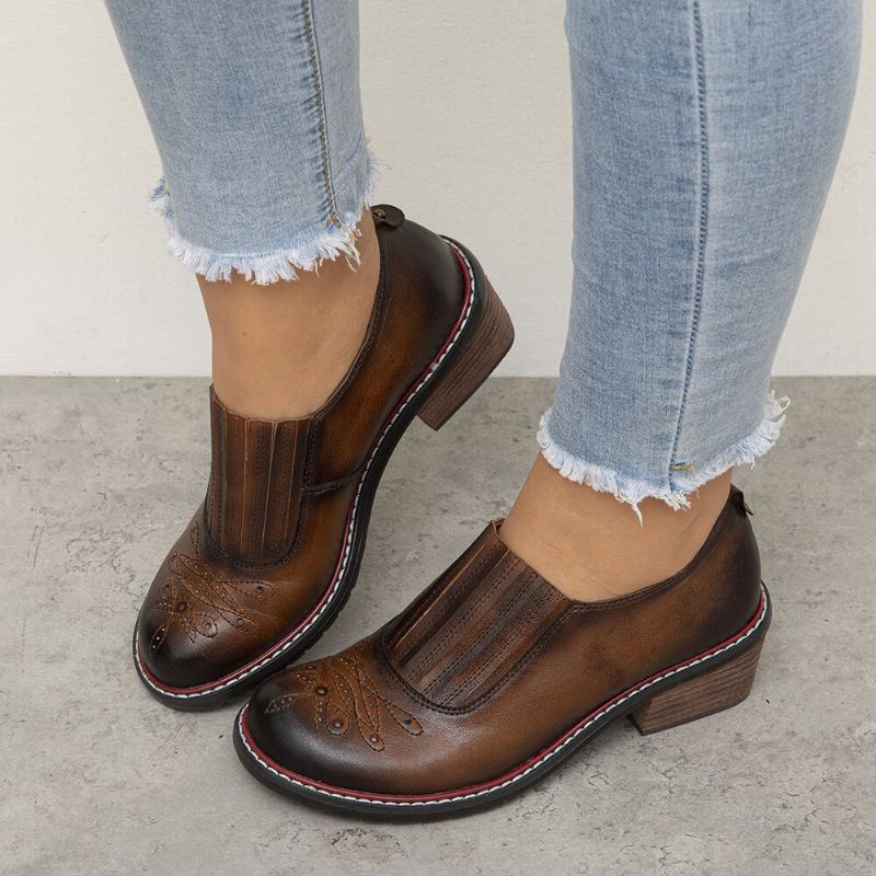 Dames Echt Leer Retro Comfortabele Elastische Slip-on Ronde Neus Lage Hak Loafers Schoenen