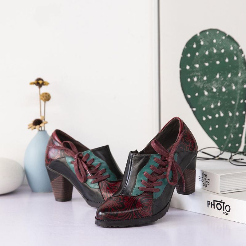 Dames Echt Leer Stiksels Retro Reliëf Bloem Lente Pumps