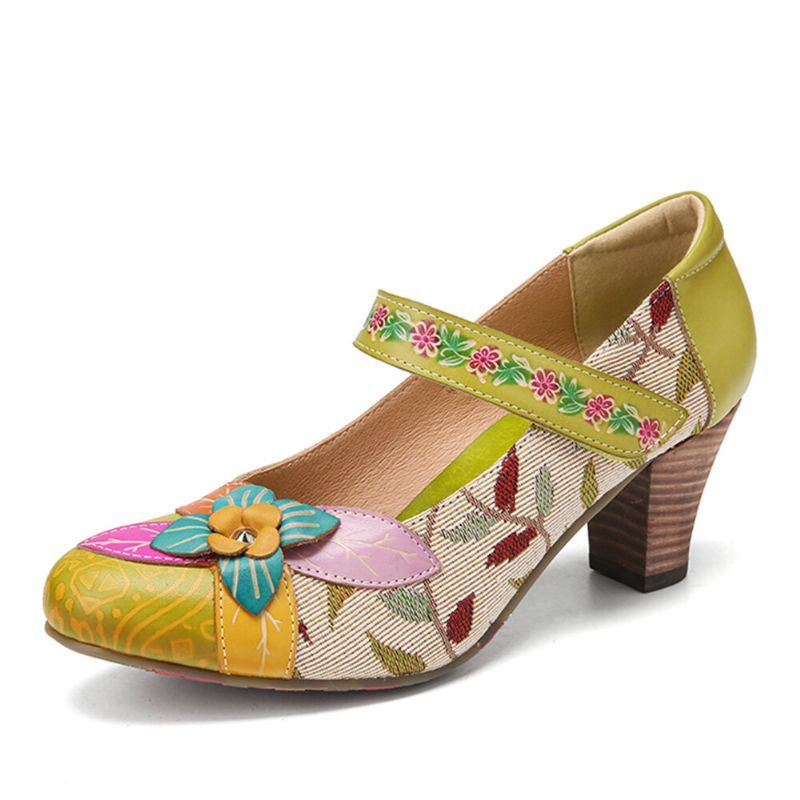 Dames Elegante Bloemen Decor Gebladerte Doek Stiksels Gedrukt Rundleer Comfy Mary Jane Pumps