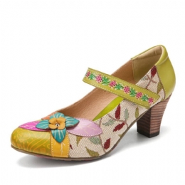 Dames Elegante Bloemen Decor Gebladerte Doek Stiksels Gedrukt Rundleer Comfy Mary Jane Pumps