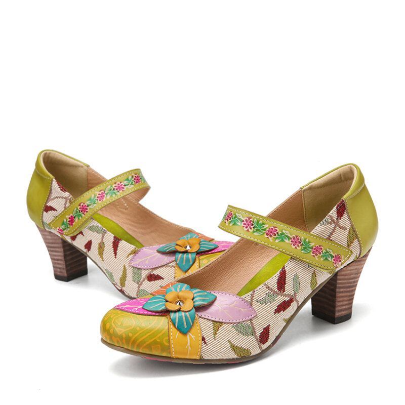 Dames Elegante Bloemen Decor Gebladerte Doek Stiksels Gedrukt Rundleer Comfy Mary Jane Pumps