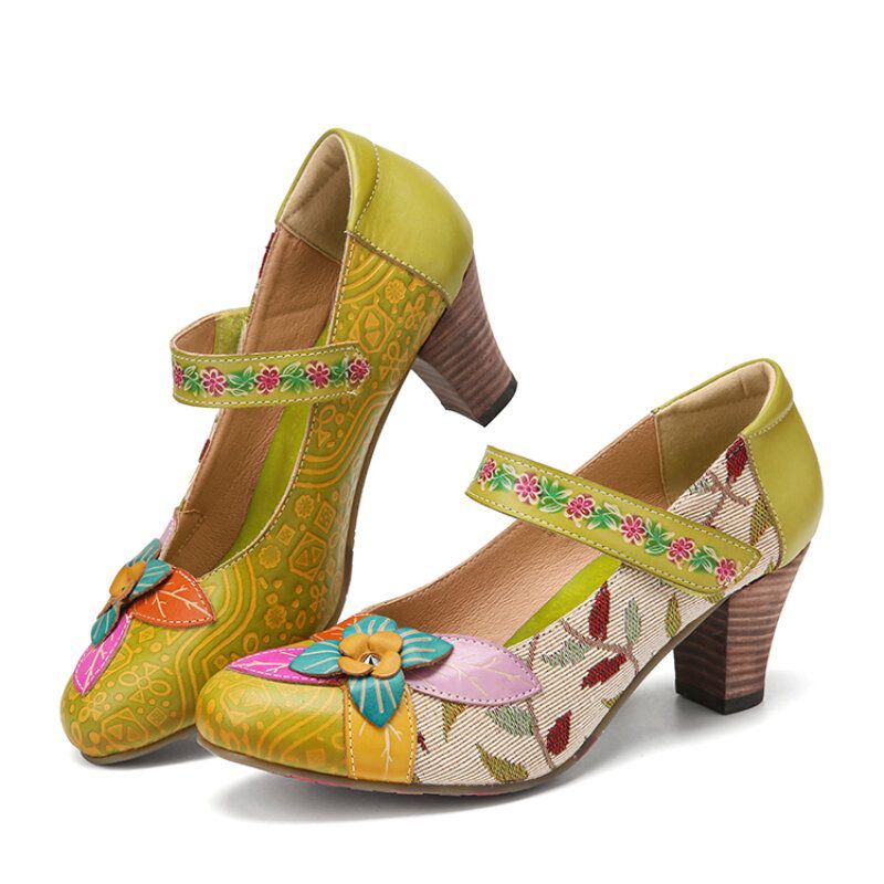 Dames Elegante Bloemen Decor Gebladerte Doek Stiksels Gedrukt Rundleer Comfy Mary Jane Pumps