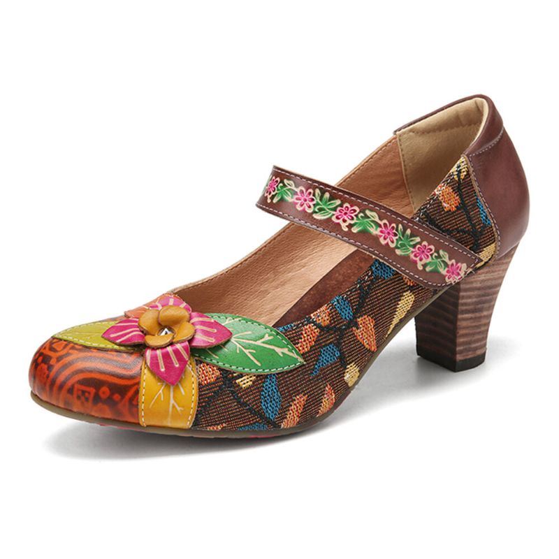 Dames Elegante Bloemen Decor Gebladerte Doek Stiksels Gedrukt Rundleer Comfy Mary Jane Pumps