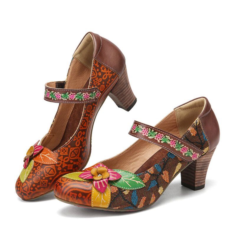 Dames Elegante Bloemen Decor Gebladerte Doek Stiksels Gedrukt Rundleer Comfy Mary Jane Pumps