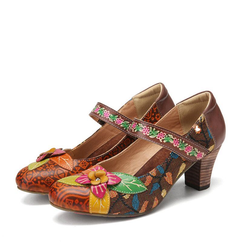 Dames Elegante Bloemen Decor Gebladerte Doek Stiksels Gedrukt Rundleer Comfy Mary Jane Pumps