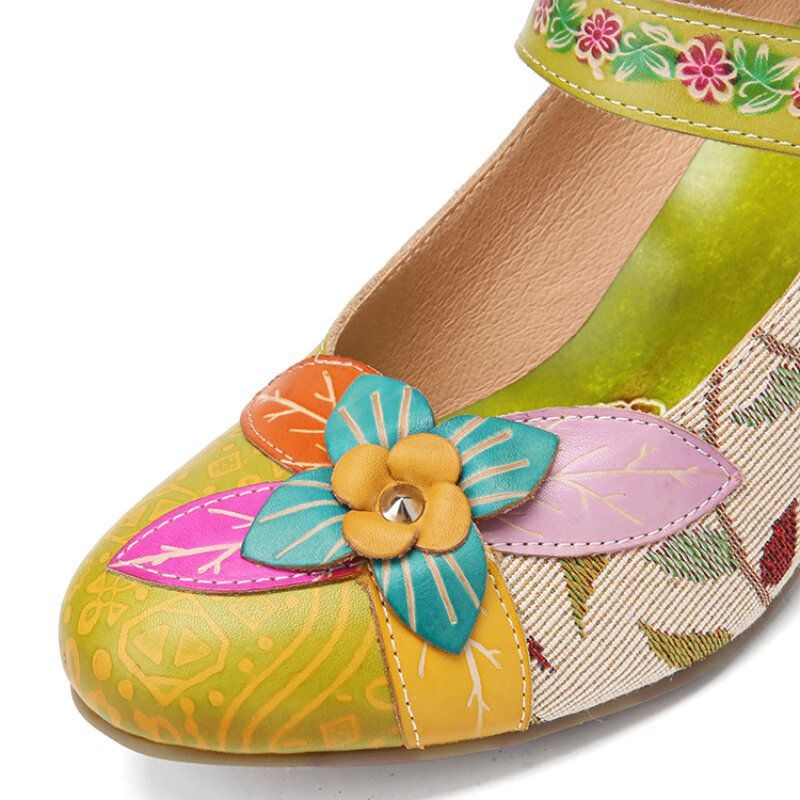 Dames Elegante Bloemen Decor Gebladerte Doek Stiksels Gedrukt Rundleer Comfy Mary Jane Pumps