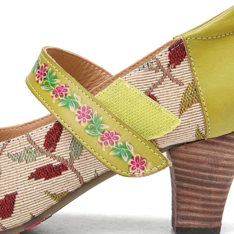 Dames Elegante Bloemen Decor Gebladerte Doek Stiksels Gedrukt Rundleer Comfy Mary Jane Pumps