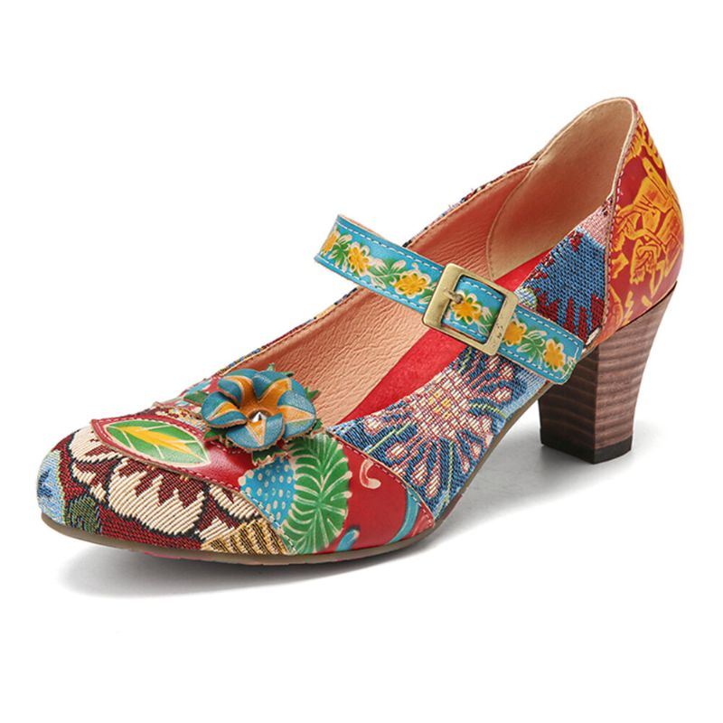 Dames Elegante Bloemen Decor Gedrukt Stiksels Bloemen Doek Haak Lus Antislip Mary Jane Chunky Hak Pompen