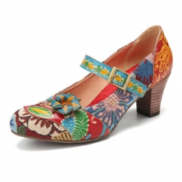 Dames Elegante Bloemen Decor Gedrukt Stiksels Bloemen Doek Haak Lus Antislip Mary Jane Chunky Hak Pompen