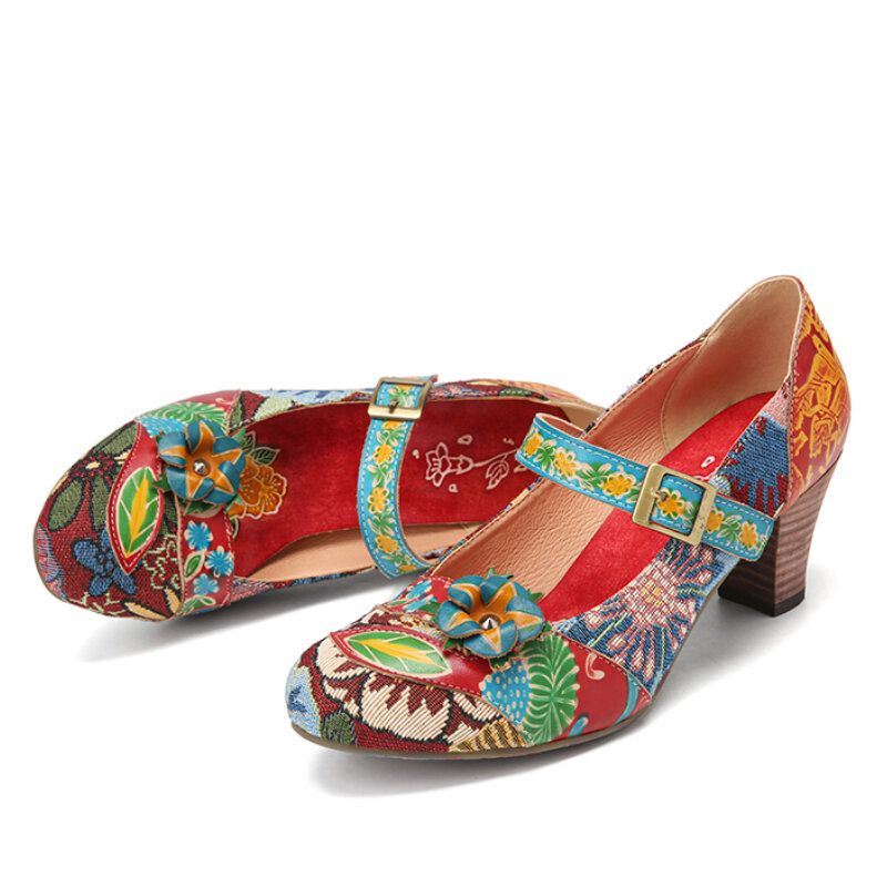 Dames Elegante Bloemen Decor Gedrukt Stiksels Bloemen Doek Haak Lus Antislip Mary Jane Chunky Hak Pompen