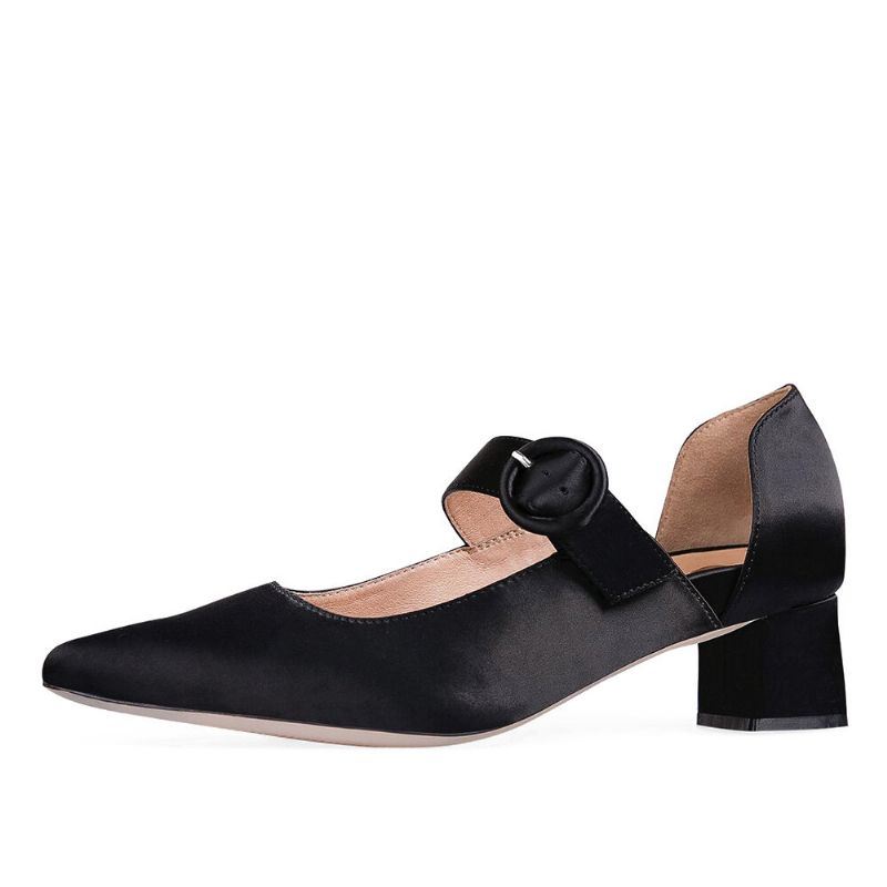 Dames Elegante Puntschoen Effen Kleur Enkel Gesp Slip Op Chunky Hak Pumps