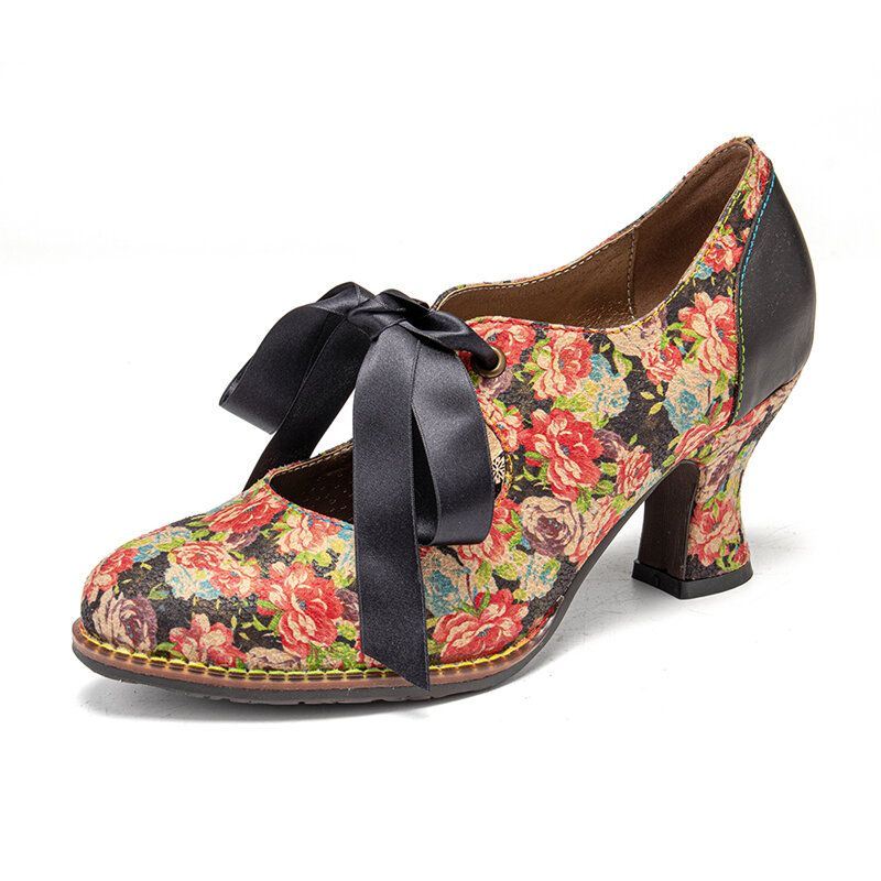 Dames Elegante Sierlijke Kleine Bloemen Bedrukt Comfortabele Wearable Lace Up Stiksels Chunky Heel Pumps