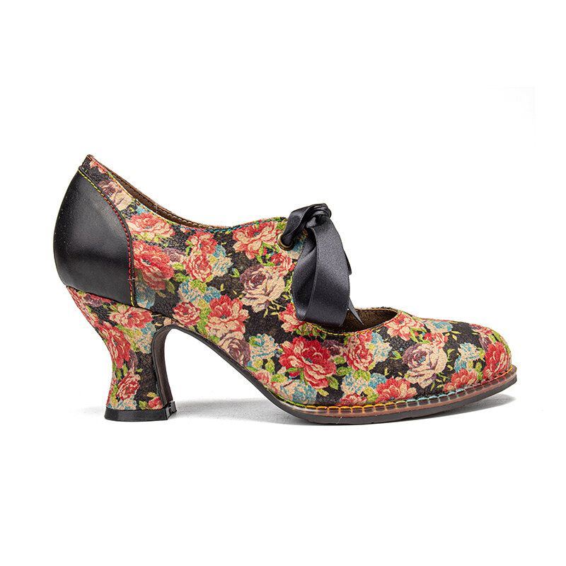 Dames Elegante Sierlijke Kleine Bloemen Bedrukt Comfortabele Wearable Lace Up Stiksels Chunky Heel Pumps