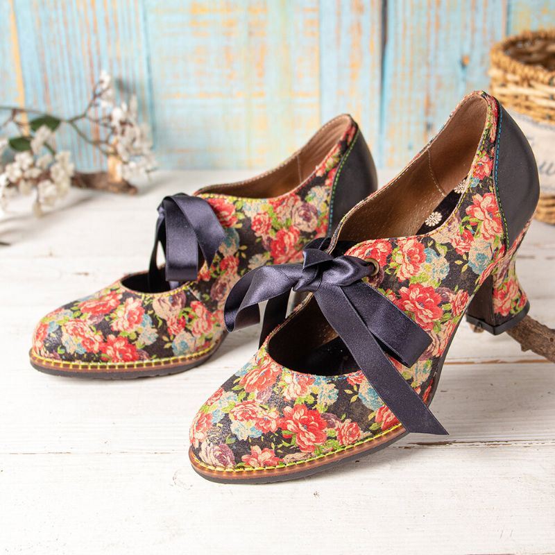 Dames Elegante Sierlijke Kleine Bloemen Bedrukt Comfortabele Wearable Lace Up Stiksels Chunky Heel Pumps