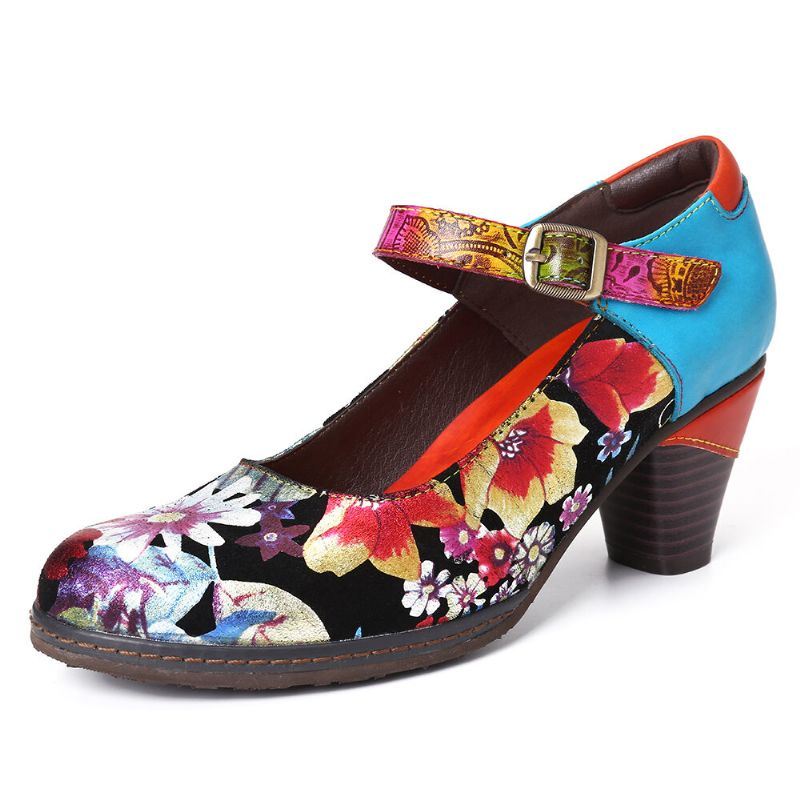 Dames Geschilderde Zonnebloemen Echt Leer Elegante Enkel Gesp Mary Jane Pumps