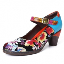 Dames Geschilderde Zonnebloemen Echt Leer Elegante Enkel Gesp Mary Jane Pumps