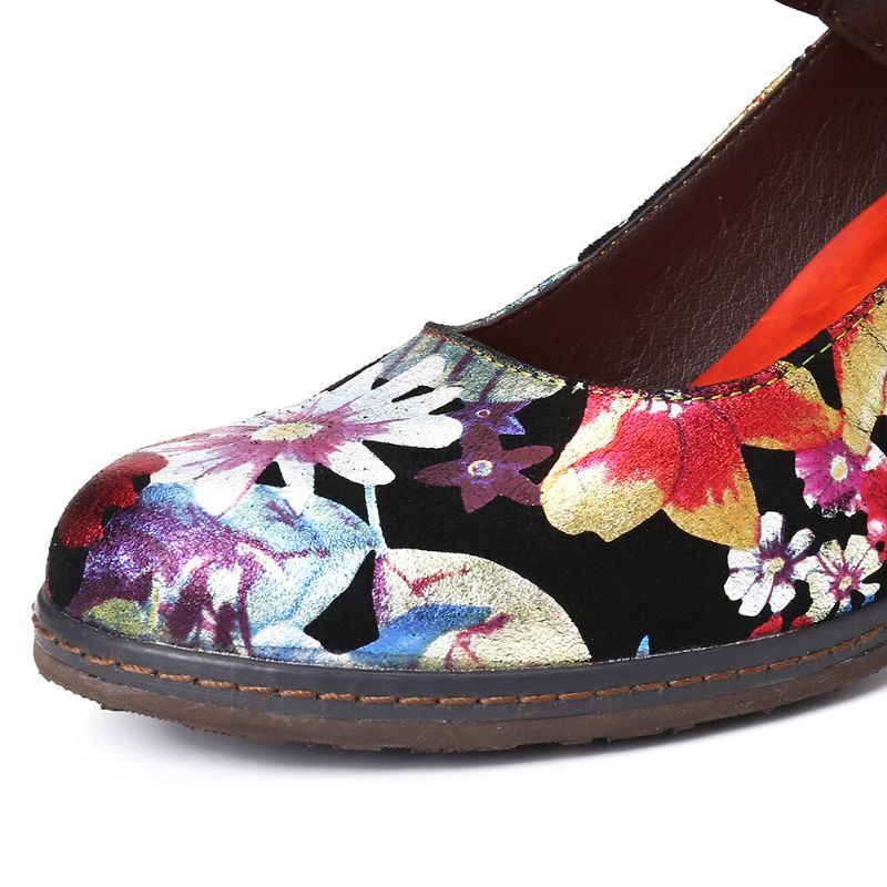 Dames Geschilderde Zonnebloemen Echt Leer Elegante Enkel Gesp Mary Jane Pumps